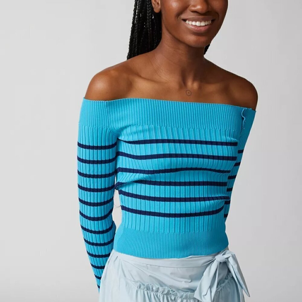 NWT Urban Outfitters Tessa Buttoned Off the Shoulder Blue Striped Sweater